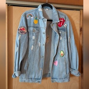 SOLD One Of A Kind Light Blue Distressed Denim Jacket - With Patches And Pins